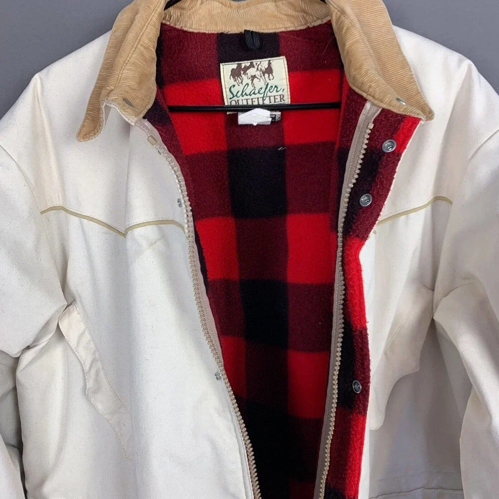 Vintage Schaefer Outfitter Khaki Navajo Made WY Canvas Blanket Lined Coat XL - Picture 6 of 8